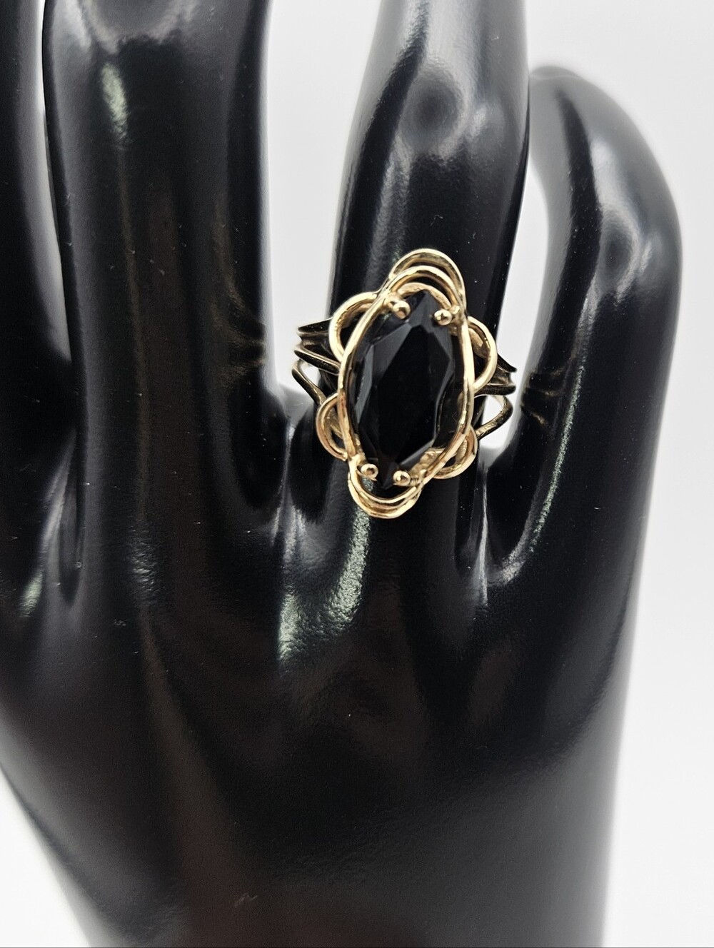 KF 14K Plumb Gold Black Onyx Marquise Ring Size 6 Vintage Filigree Statement 14K - Picture 8 of 12